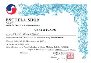 Certyfikat ukończenia praktycznego kursu Akupunktury i Moksybucji w Mataró
