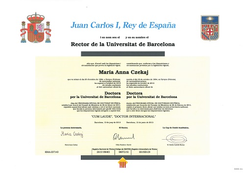 Dyplom ukończenia studiów doktoranckich z astronomii na Uniwersytecie w Barcelonie